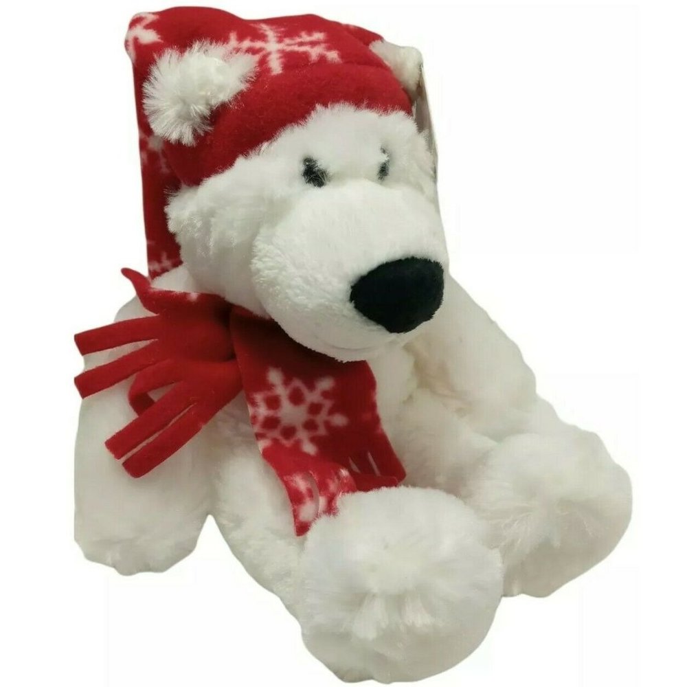 Princess Soft Toys POLAR BEAR White Fur  12in Plush Red Snowflake Hat Scarf